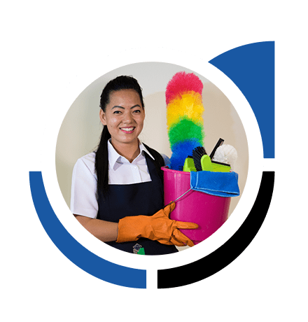 women holding the cleaning equipments inside the bugget.