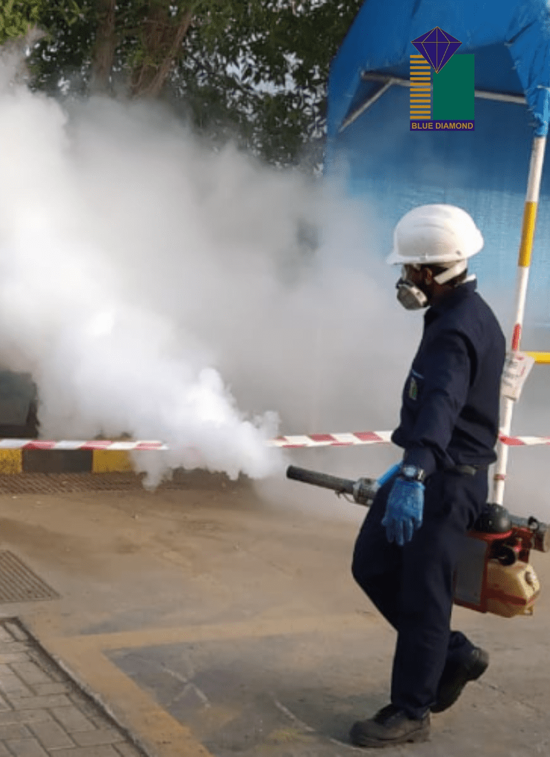 man holding fogging gun to eradicate mosquitos