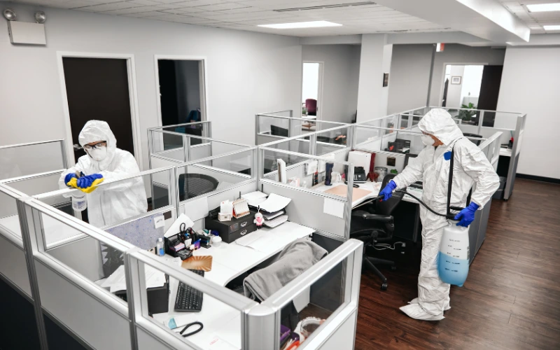 two people are wearing PPE kit and cleaning the office and doing disinfection service