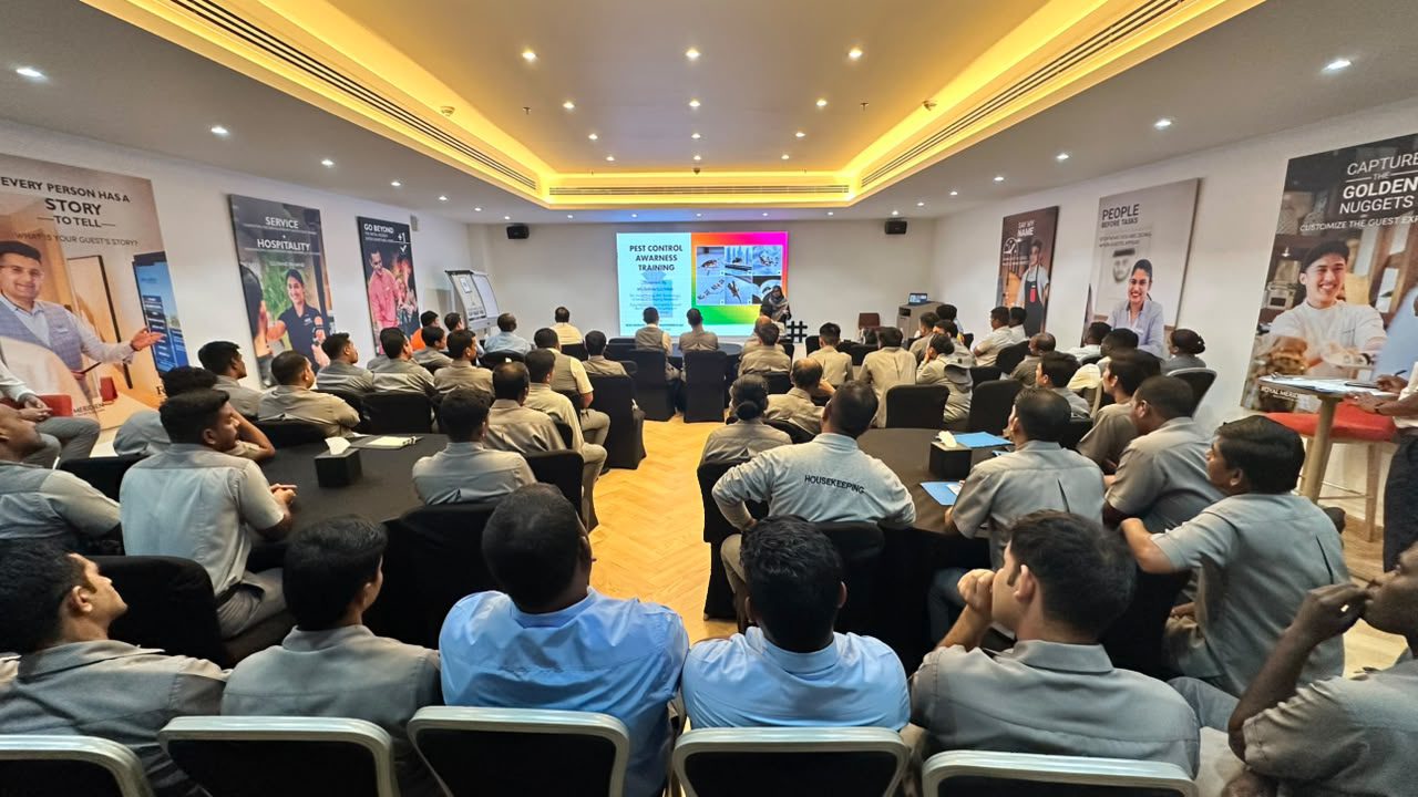 Blue Diamond Group experts providing pest control awareness training to hotel employees in Dubai, focusing on pest prevention, sanitation, and Dubai Municipality compliance.