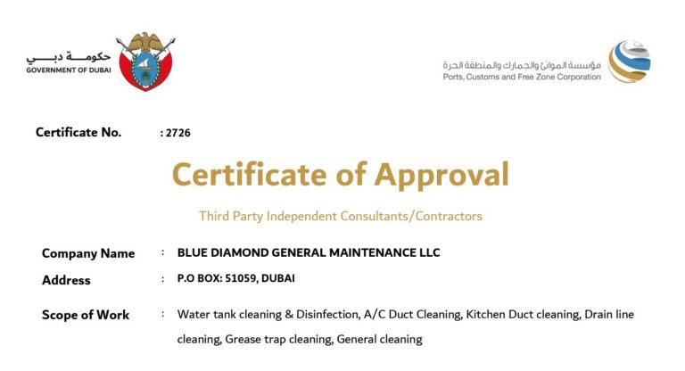 Certificate of Approval issued by the Government of Dubai to Blue Diamond General Maintenance LLC for water tank cleaning, disinfection, AC duct cleaning, kitchen duct cleaning, drain line cleaning, grease trap cleaning, and general cleaning services.