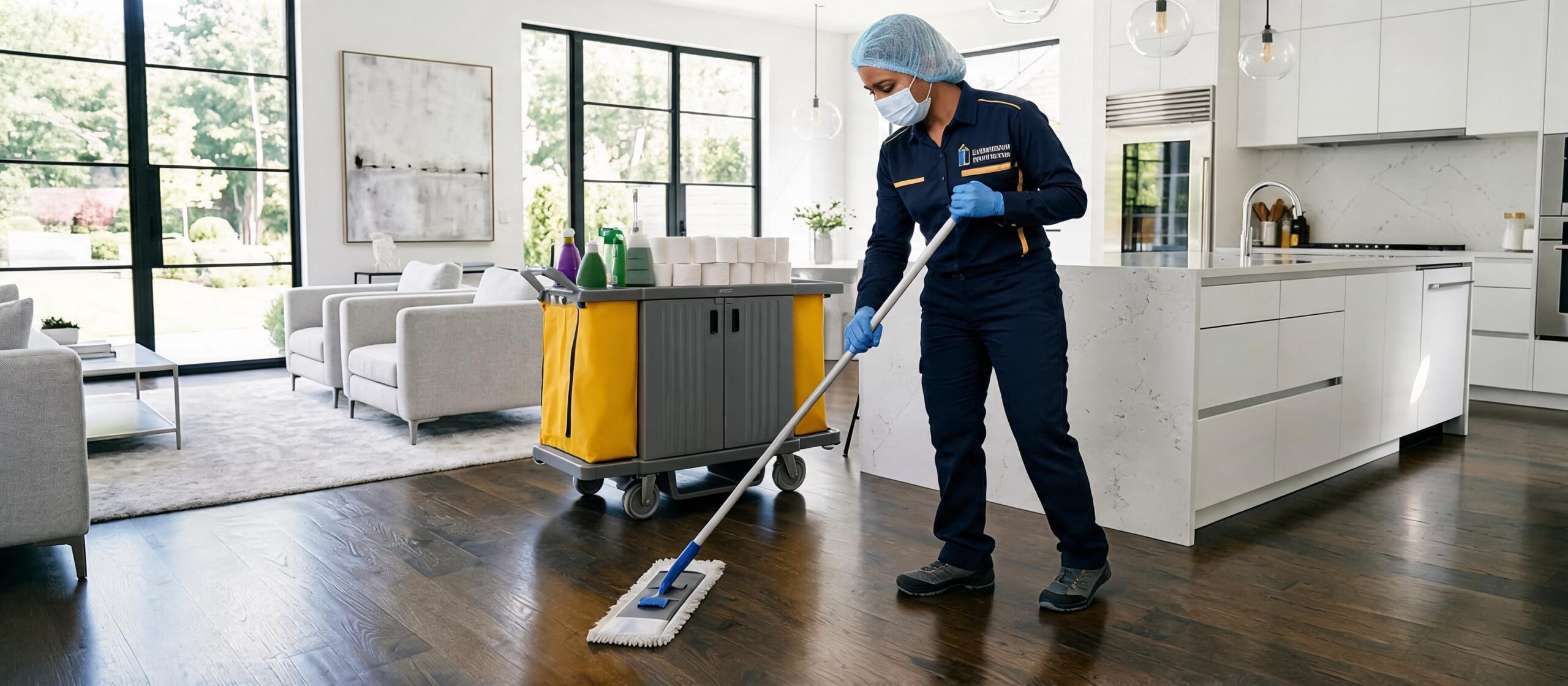 Professional cleaning technician cleaning a glass surface
