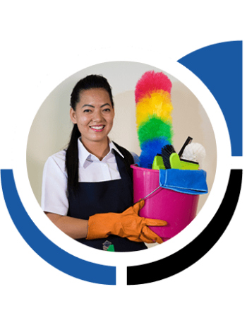 women holding the cleaning equipments inside the bugget.