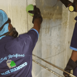 people standing and cleaning inside water tank